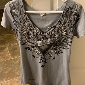Distressed Buckle V neck